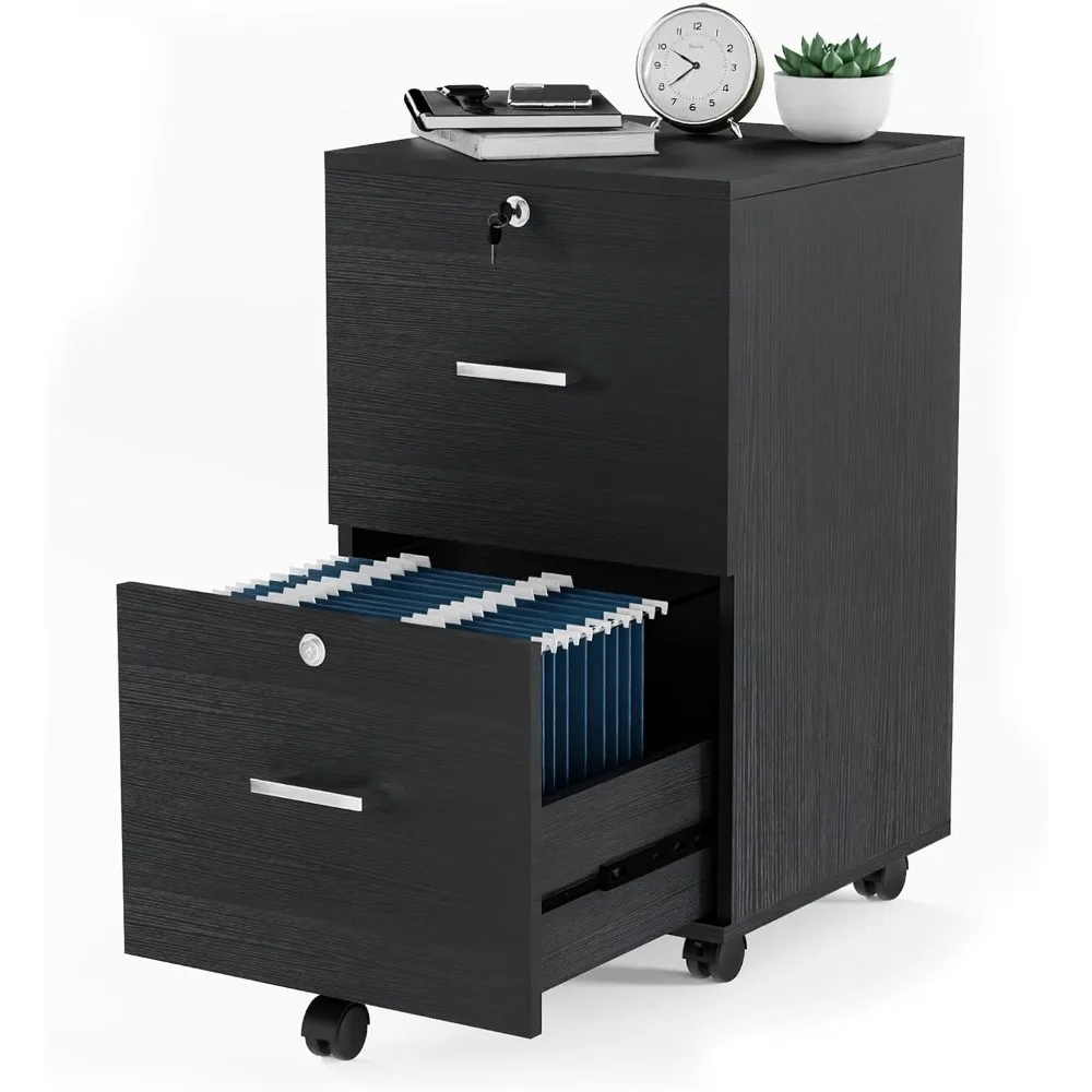 

2-Drawer File Cabinet with Lock, Small Rolling Wood Filing Cabinet for Hanging Letter Size Filings with Tabs, Mobile Under Desk