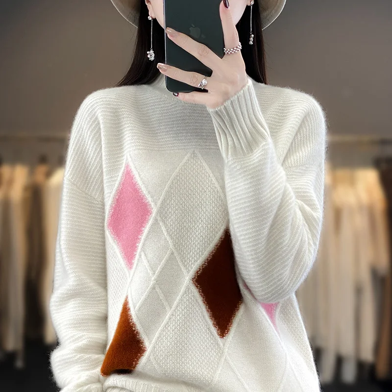 Pullover, cashmere sweater, women\'s loose knit, simple 100% wool, women\'s half high collar, new product, full sleeve sweater,