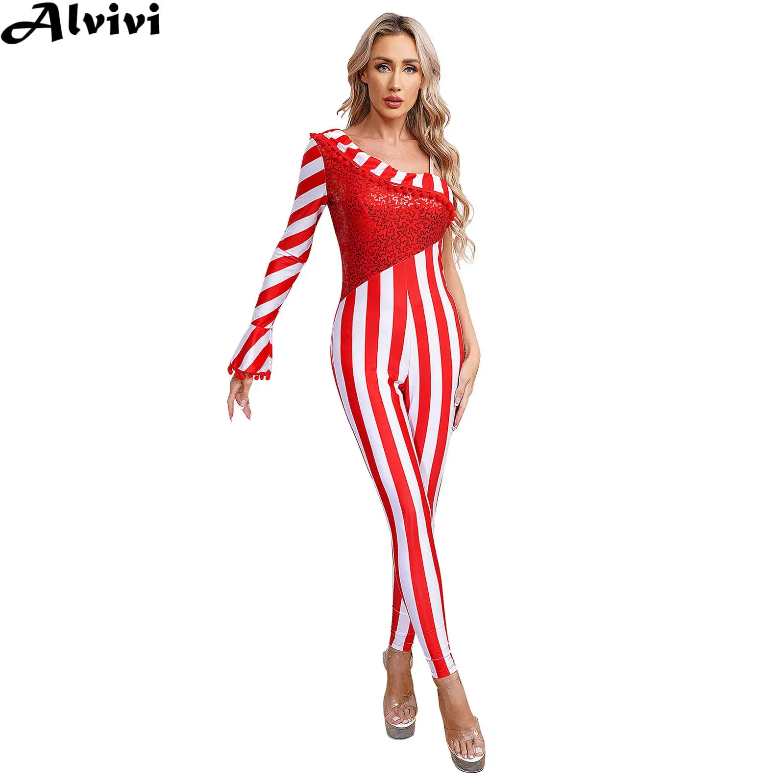 Women Christmas Ballet Dance Gymnastics Leotard Shiny Sequin Pompom Candy Cane Jumpsuit Xmas Halloween Circus Cosplay Costume