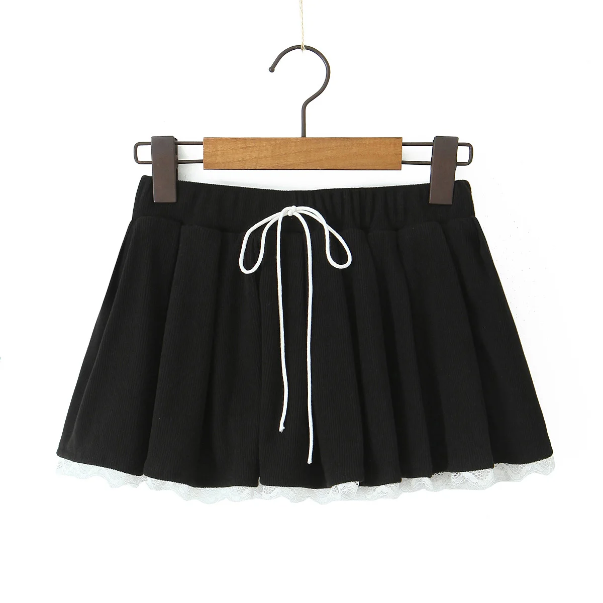 Korean fashion black mini skirts kawaii y2k cute clothes lace skirts for woman high waist skirts with lace trim long drawstrings