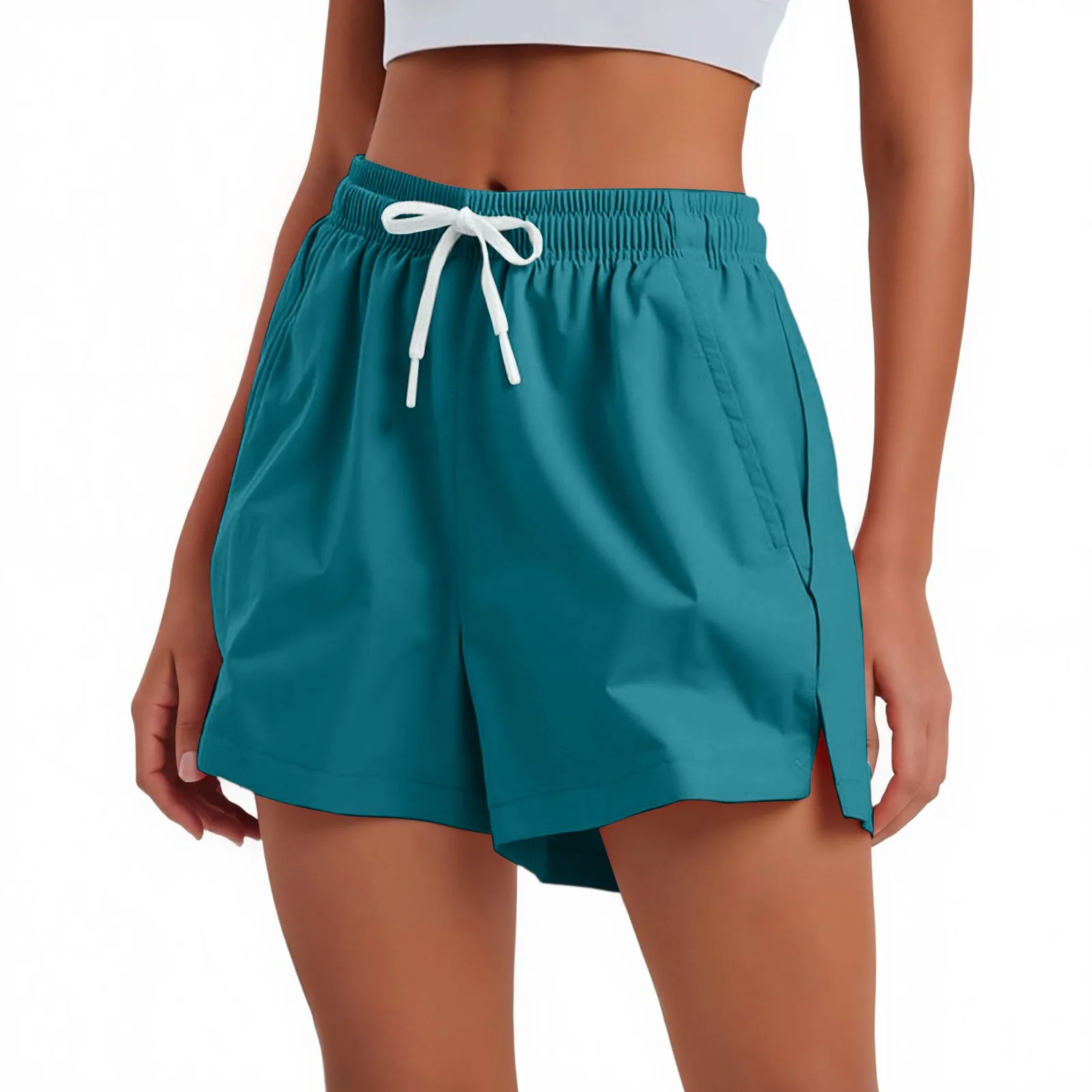 شورت نسائي كاجوال عالي الخصر برباط بلون سادة شورت صيفي رياضي خارجي شورت سريع الجفاف وجيد التهوية