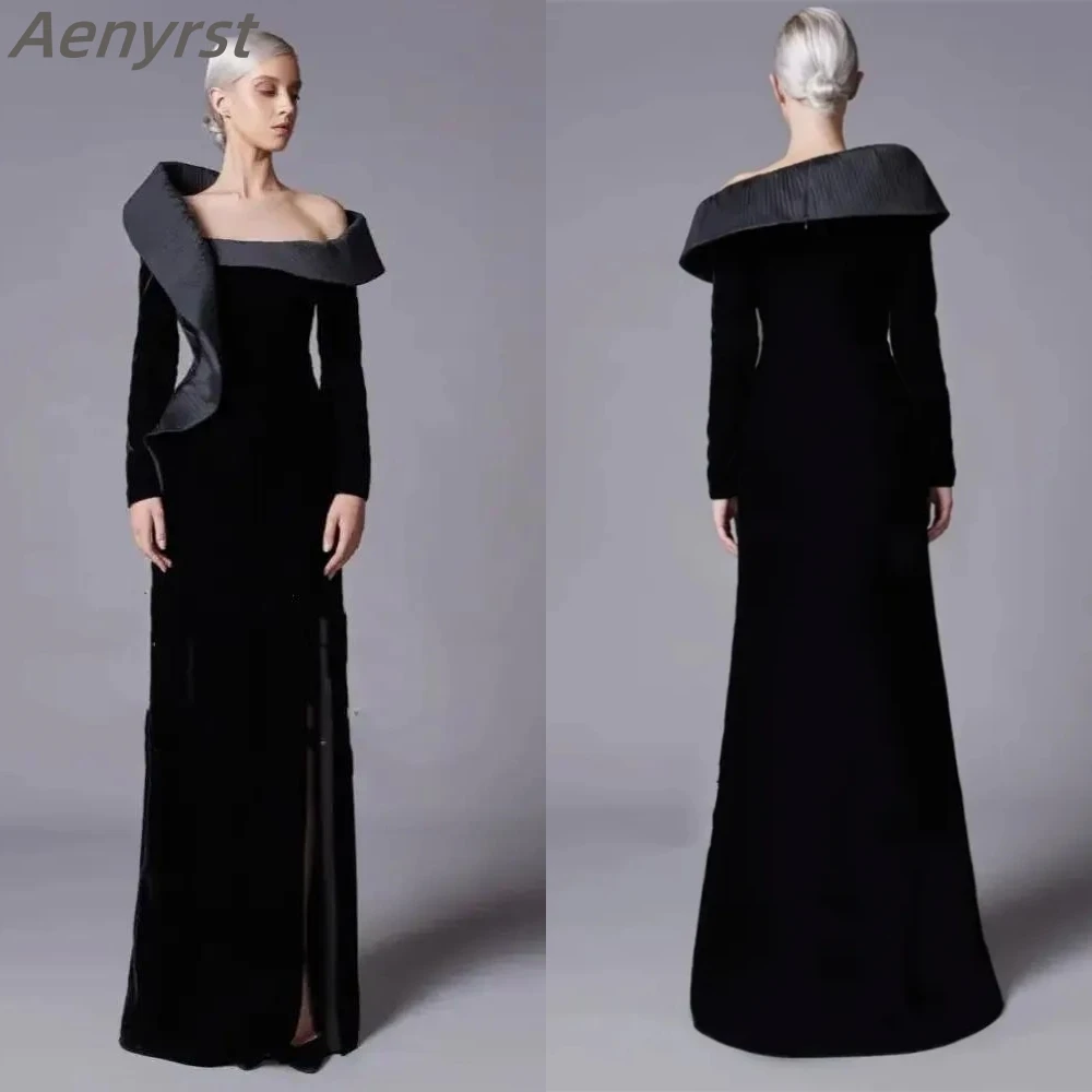 Elegant Black Velour Evening Dresses Full Sleeves Mermaid Side Slit Floor Length Porm Party Gowns For Women فساتين سهره سعوديه