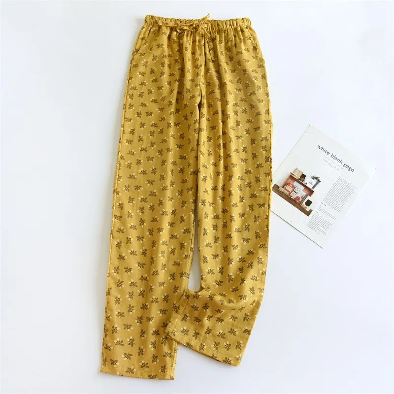 New Double Cotton Gauze Trousers Soft Breathable Casual Women\'s Pajama Pants Elastic Waist Print Sleep Bottoms Lounge Wear