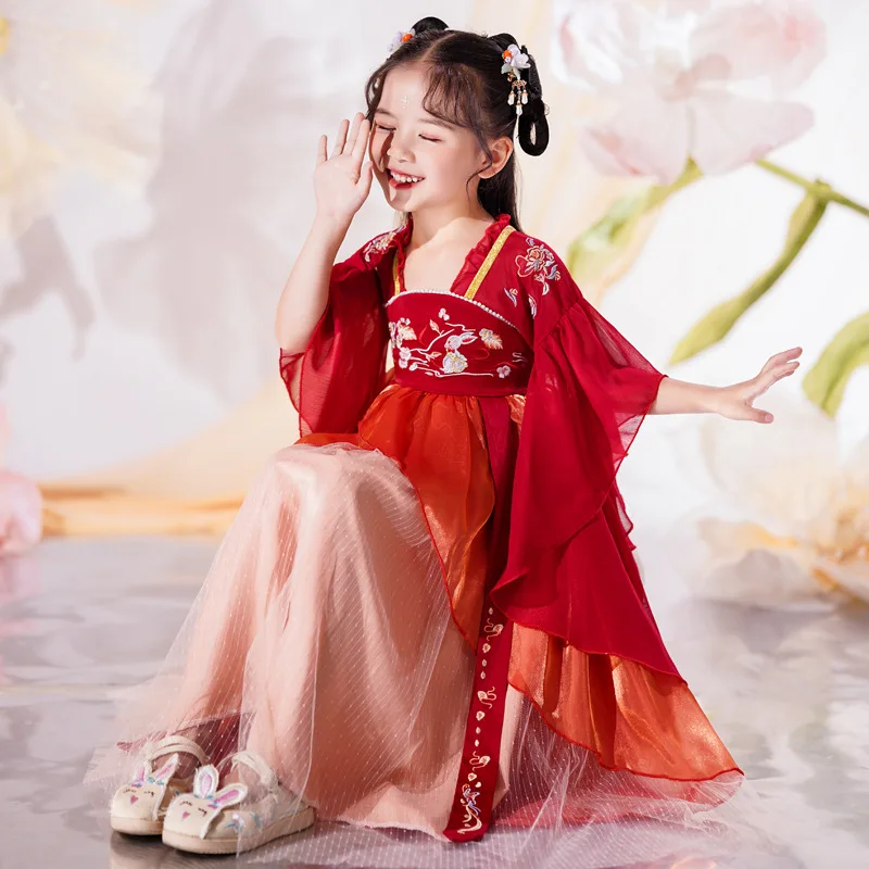 

Spring Summer Chinese Lovely Kids Tang Suit Girls Embroidery New Year Dress Children Retro Traditional Ancient Hanfu