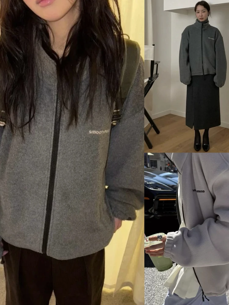 

Smoothmod Stand Collar Fleece Zipper Letter Sweatshirt Outerwear Women's Loose Fit Polyester Long Sleeve Casual Style