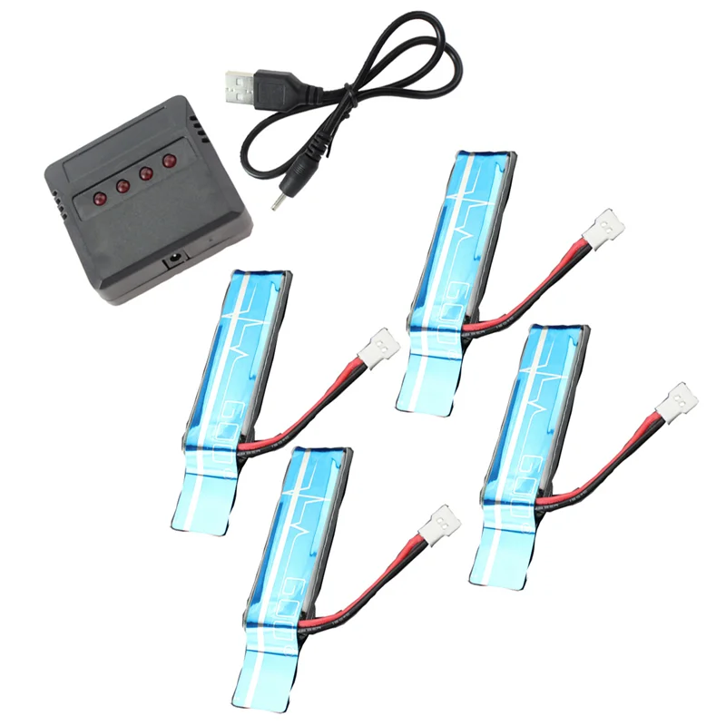 4PC 3.7V 520MAh 30C Ulepszony akumulator Li-Po z ładowarką USB do części zamiennych do helikoptera RC WLtoys XK K110 K110S V930 V977