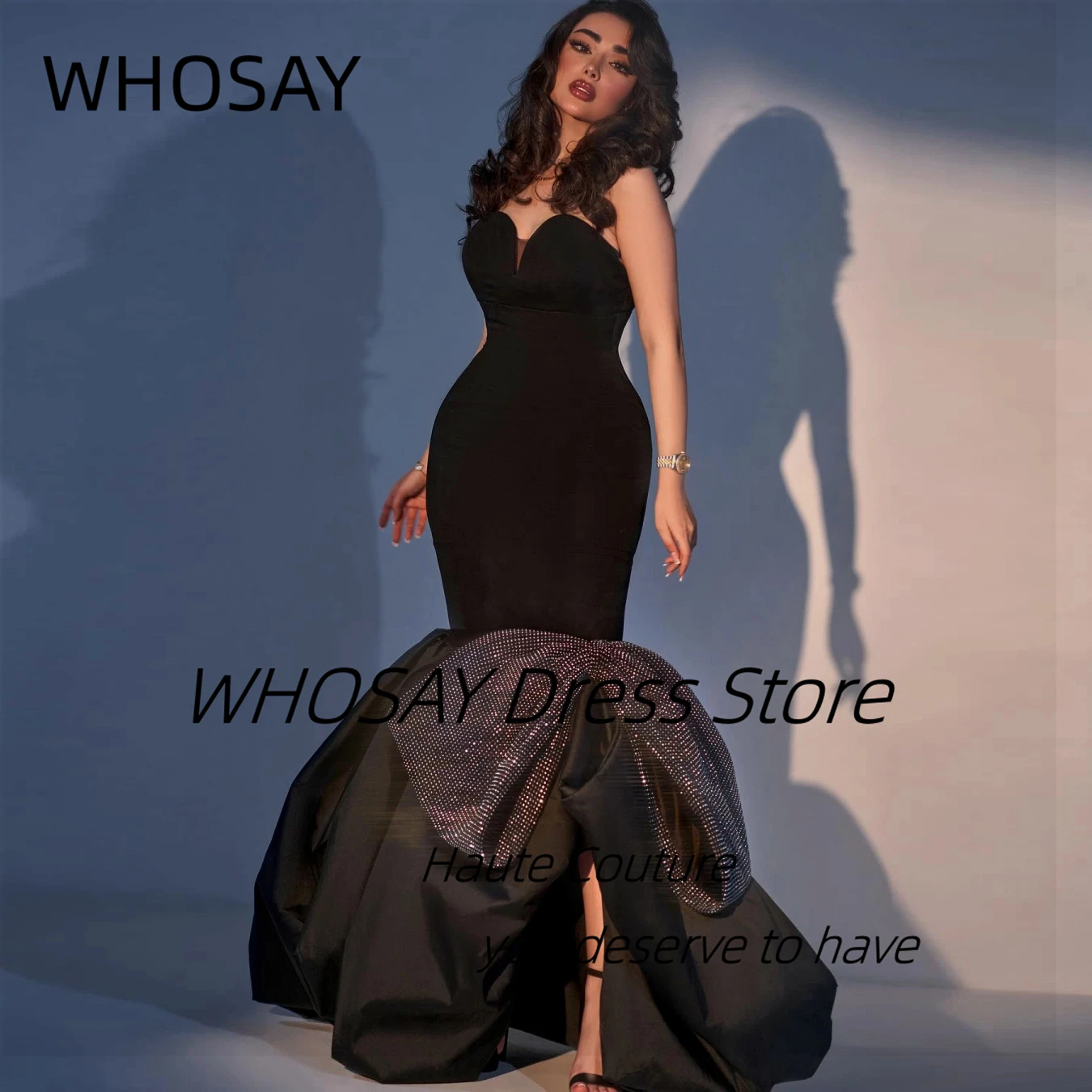 

WHOSAY Vestidos De Gala Black Mermaid Prom Dresses with Big Bow Prom Dresses Sweetheart Sexy Backless Evening Party Gowns
