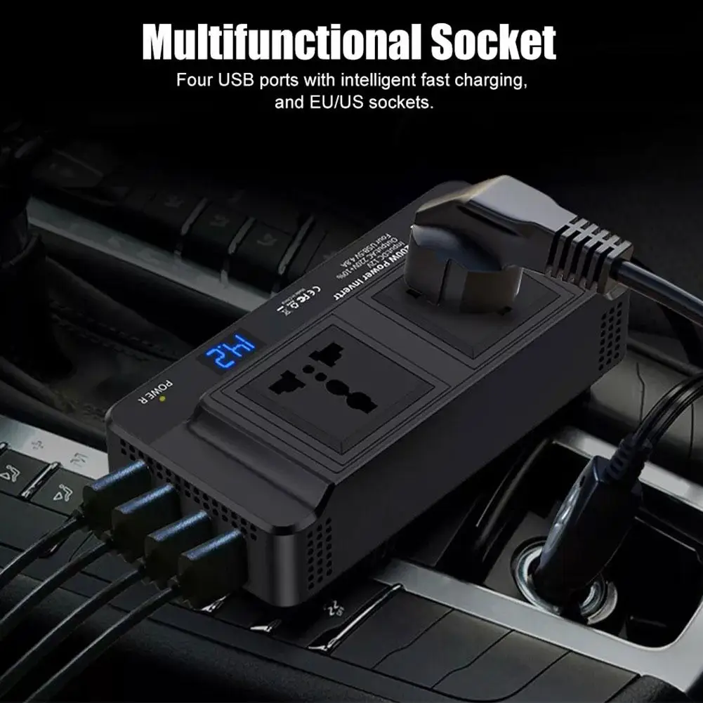 

200W Portable Car Inverter 12V To 220V 110V Power Converter USB+ Four-port Smart Socket Adapter Multi-function Dual LCD H4X2