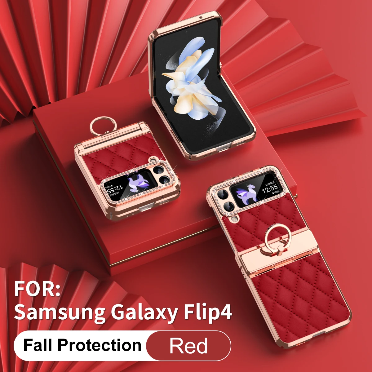 Etui Samsung Galaxy Z Flip 4 3, luksusowe etui ze skóry PU, twarde PC, galwanizowana ramka, zawias, odporna na wstrząsy, uchwyt pierścieniowy
