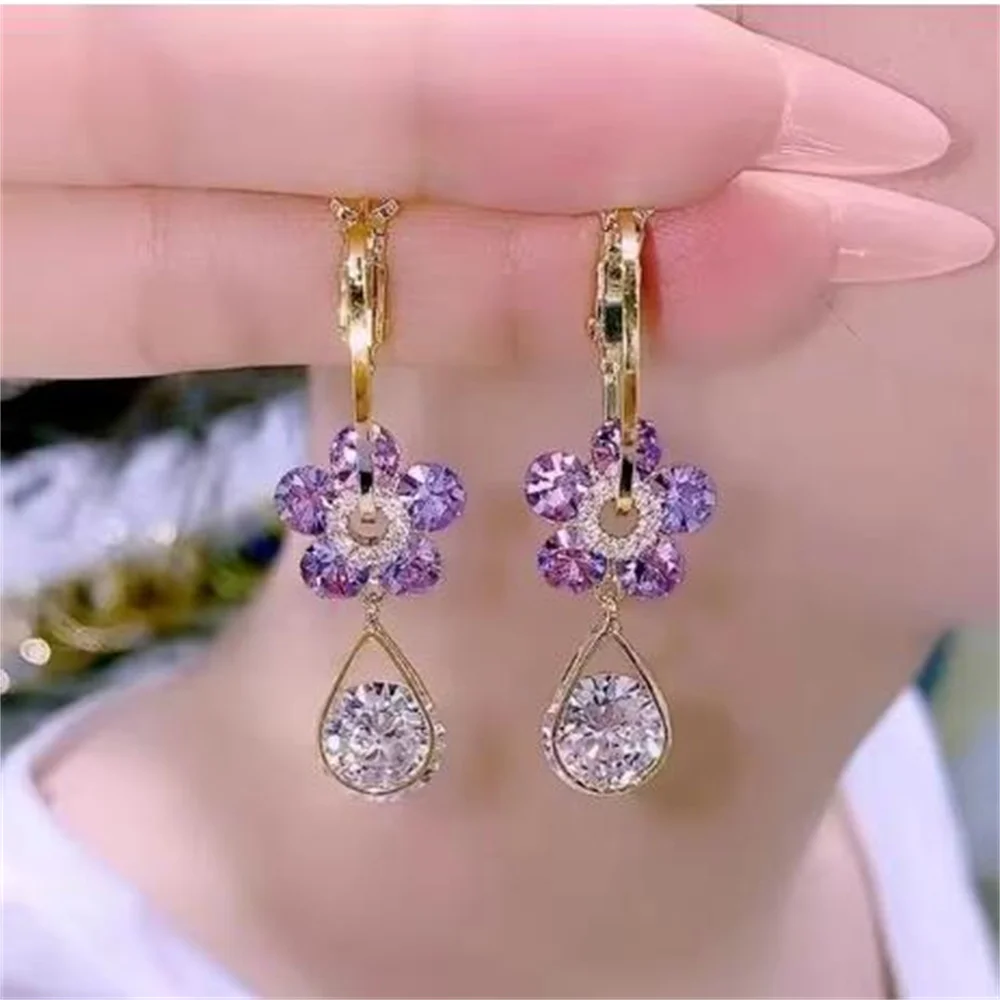 2024 New Purple Crystal Flower Earrings, Popular High-end Light Luxury Niche Design Water Drop Earrings Wholesale