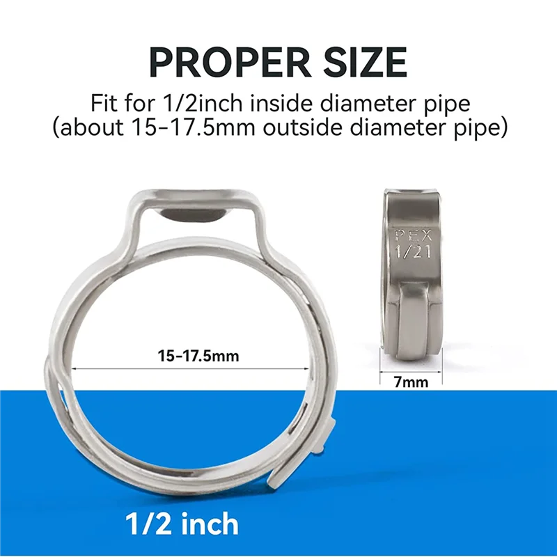 A93Z 100 PCS 1/2-Inch Pex Cinch Clamp Rings, High-Quality 304 Stainless Steel Pex Crimp Rings, Pex Pipe Fitting Clamp Rings