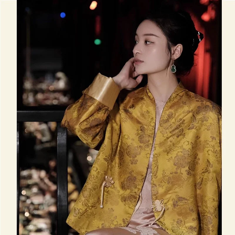 

New Chinese Style Women's Jacket Autumn Wear Small Size Fashionable Song Jin National Style Button Gold Color Tang Costume Top