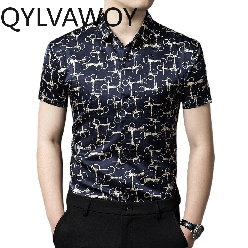 

QYLVAWOY 100% Mulberry Silk Men's Shirts Loose Printed Shirt Summer Tops Short Sleeve Shirts for Man Menswear Clothing Business