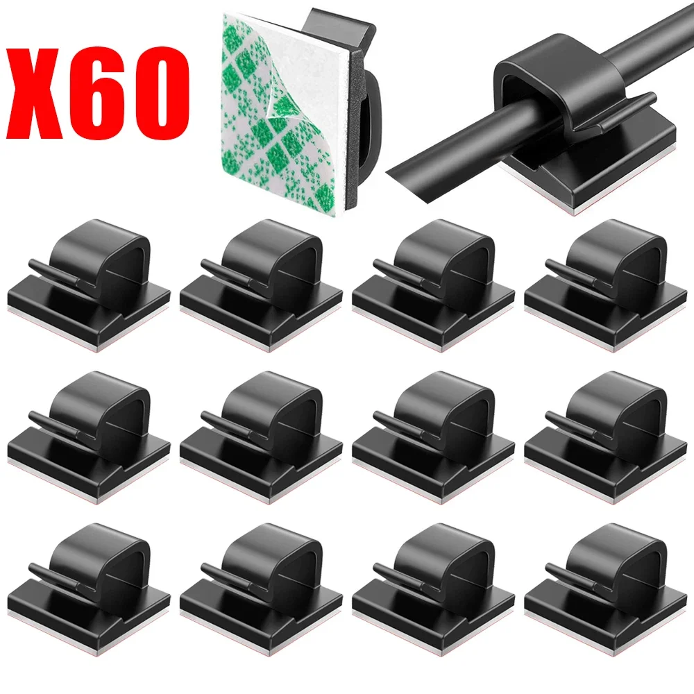 60/10Pcs Cable Organizer Clips Self Adhesive Desk Tidy Management Holder Cable Data Wire Cord Fixer Fastener Clips Home Office