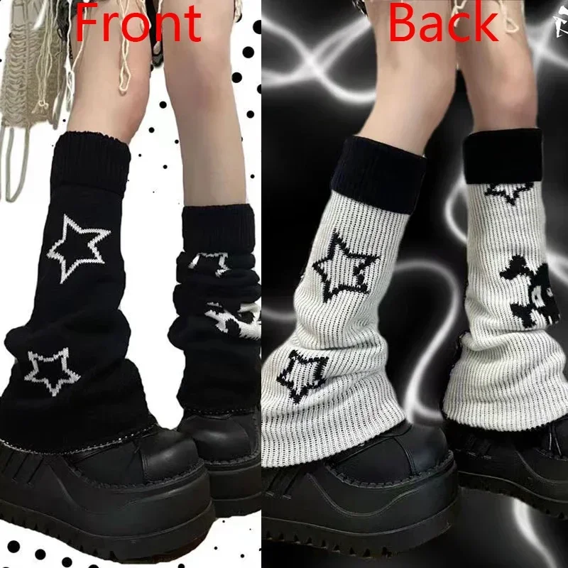 Y2K Punk Knitted Leg Warmers Star Gothic Cross Harajuku Women Heart Two Side Wear Loose Fit Leg Covers Sock JK Thigh High Lolita