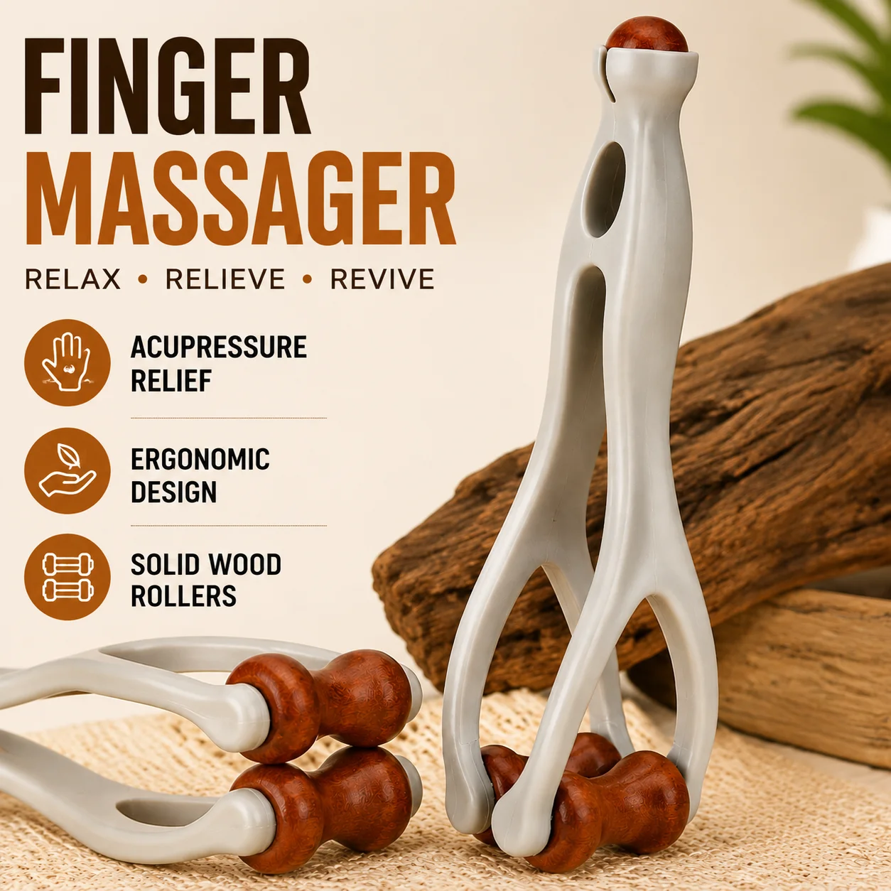 Multifunctional Finger Massager with Wooden Roller Blood Circulation Portable Acupressure Tool for Carpal Tunnel Syndrome