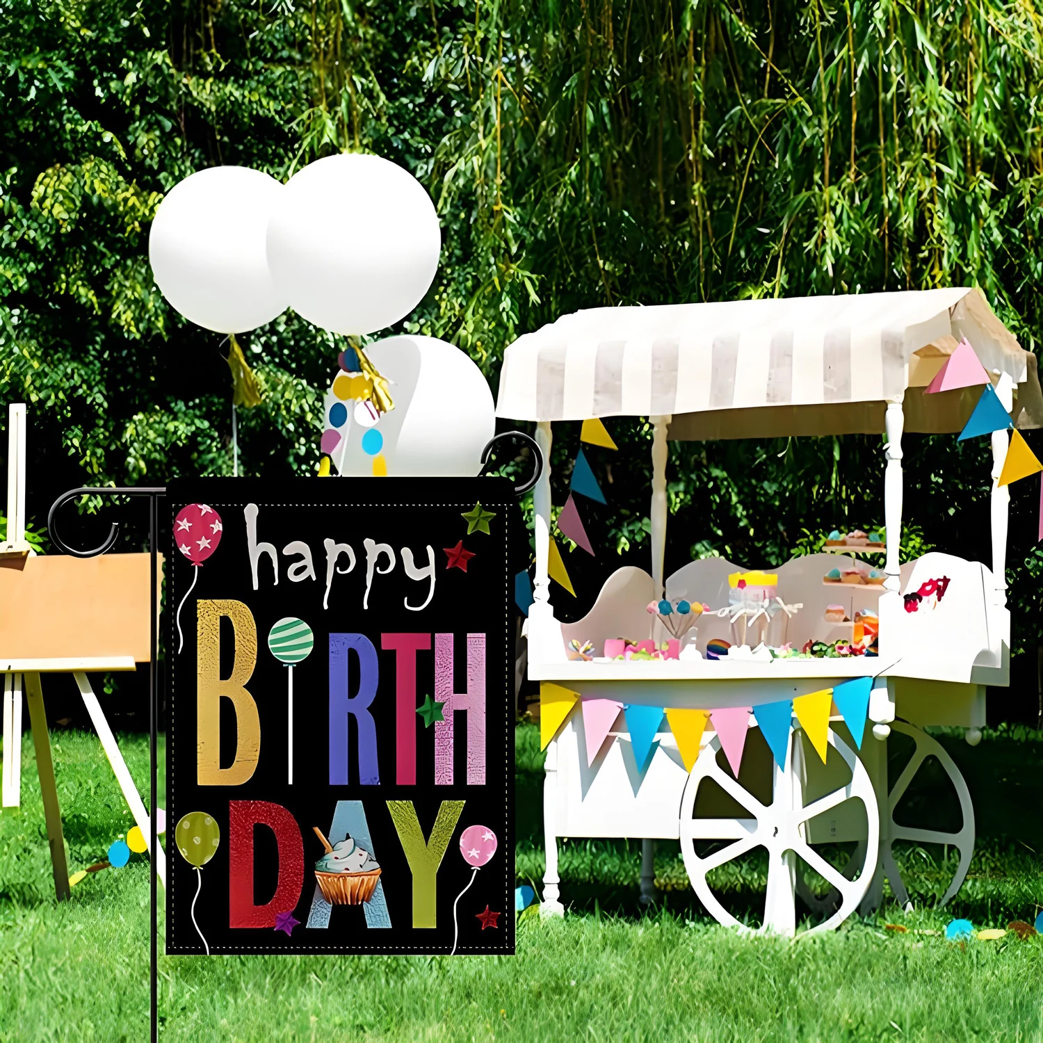 New Happy Birthday black garden flag Morphed letters decorated atmospheric scenes for garden outdoor courtyards