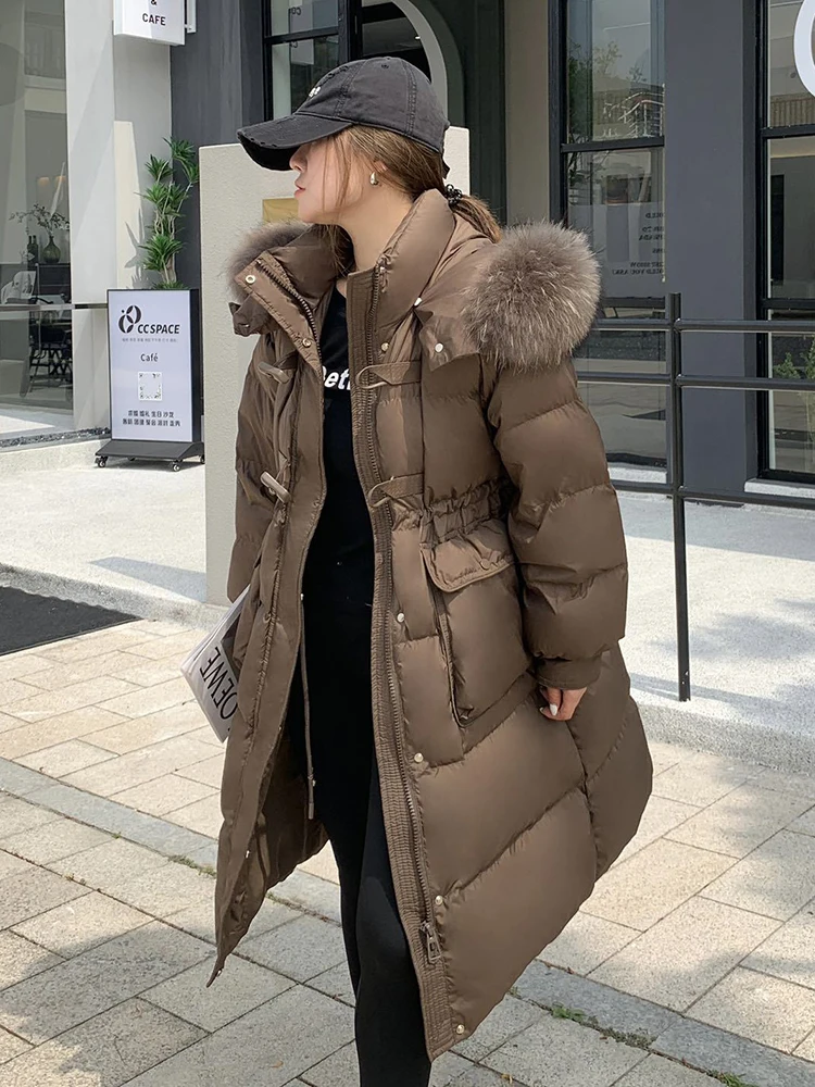 

Зимний большой меховой воротник, длинный пуховик с капюшоном, женская куртка до колена из 90% утиного пуха, женская теплая верхняя одежда с коровьим рогом на пуговицах