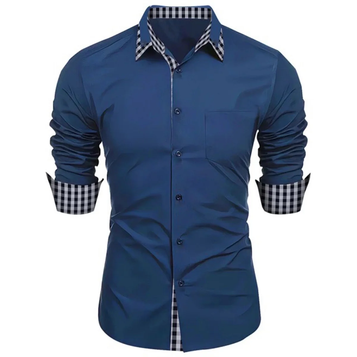 Spring/Summer Men\'s Shirt Solid Color Printed Spliced Long sleeved Business Casual Shirt Comfortable Flip Collar Pocket Top