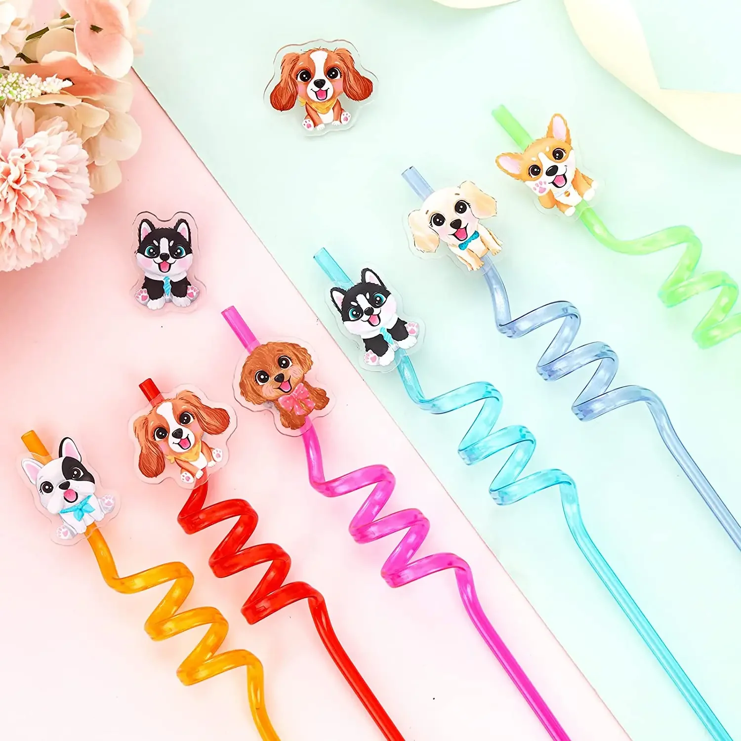 18 Pack Puppy Dog Party Favors Reusable Drinking Straws for Dog Paw Pets Animal Theme Kids Birthday Party Supplies Decorations