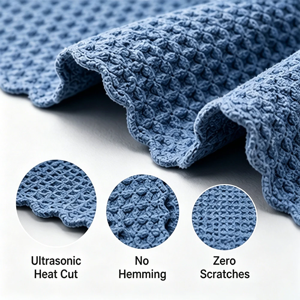 400GSM Waffle Weave Car Window Glass Towel Ultrasonic Cut Lint Free Streak Free Microfiber Cleaning Cloth for Auto Detailing