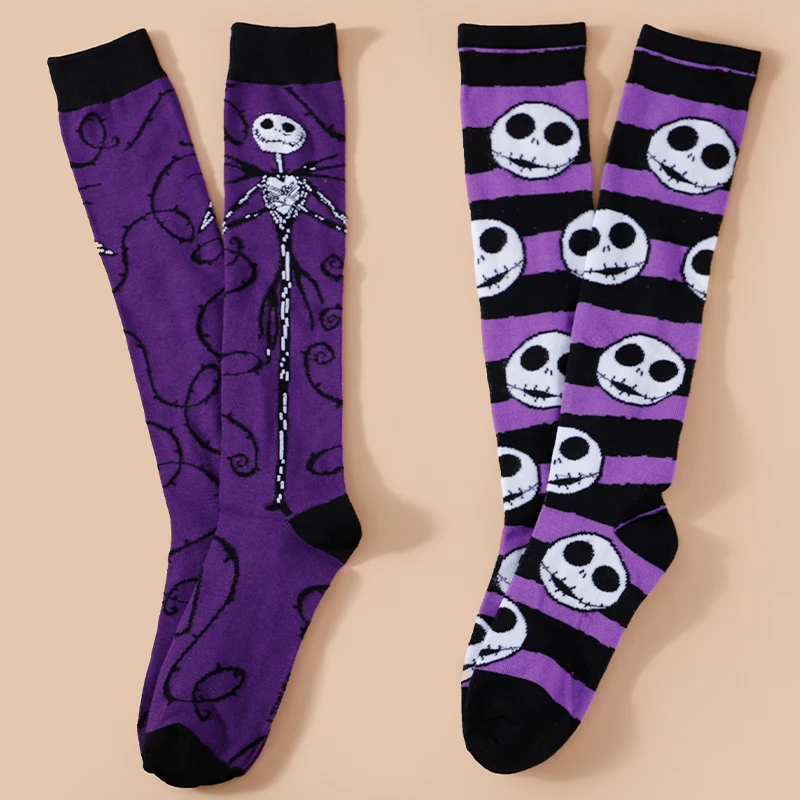 

2 Pairs of New Couple Funny Socks Halloween Skeleton Jack Black Purple Striped Stockings Christmas Eve Horror Anime Calf Socks