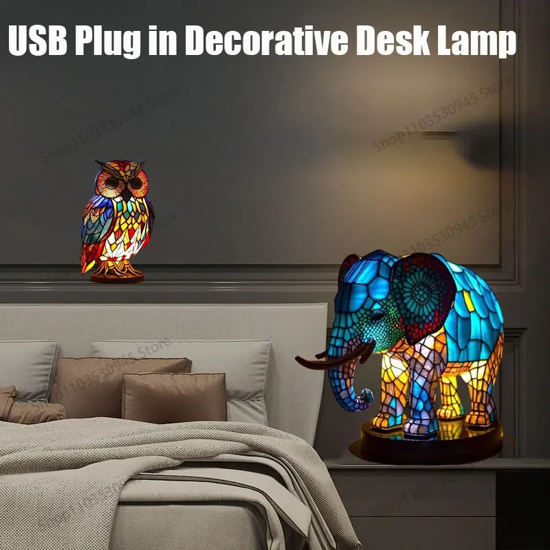 

2024 New USB Plug in Decorative Desk Lamp Resin Stained Glass Animal Table Light for Living Room Bedroom Home Decoration