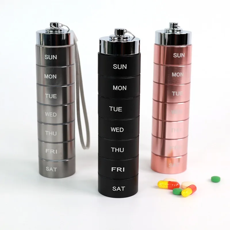 High Quality Portable WaterProof Aluminum Pill Box Case Storage Box Bottle Holder 7 Day Medicine Organizer for Vitamin Fish Oils