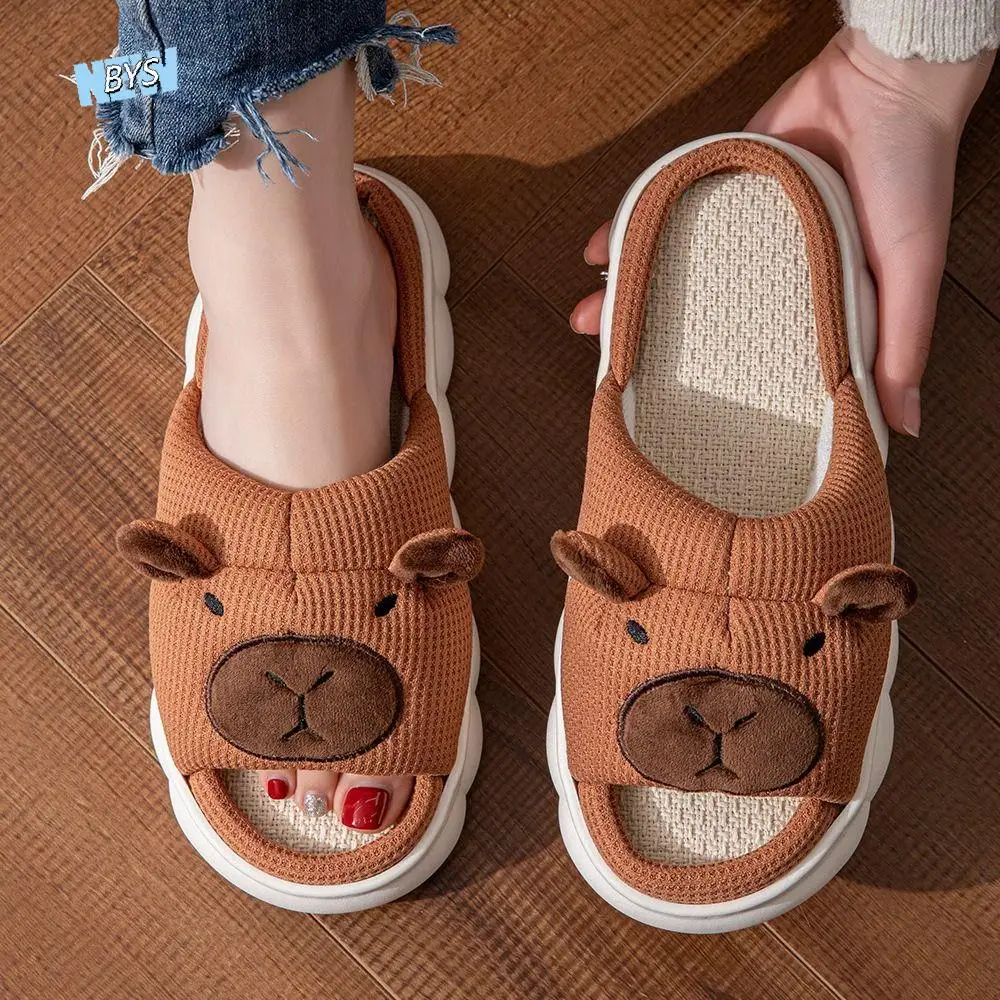 

Soft Warm Capybara Slippers Home Wear Shoes Cartoon Capybara Linen Slippers Silent Anti-Slip Winter Capybara Slides Winter