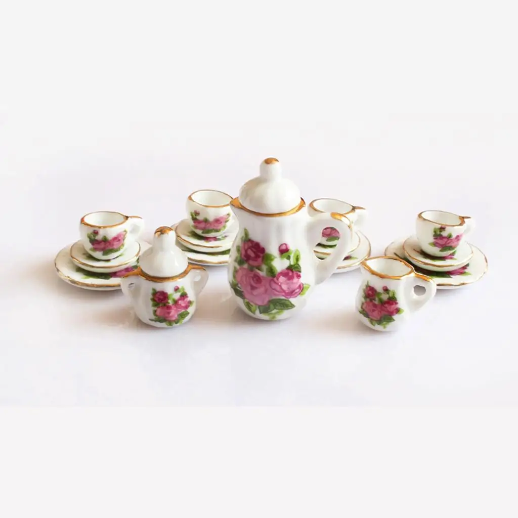 Dollhouse Miniature Tableware 15pcs Mini Porcelain Tea Coffee Set Doll Accessories for 1 12 Miniature House Kitchen Decoration
