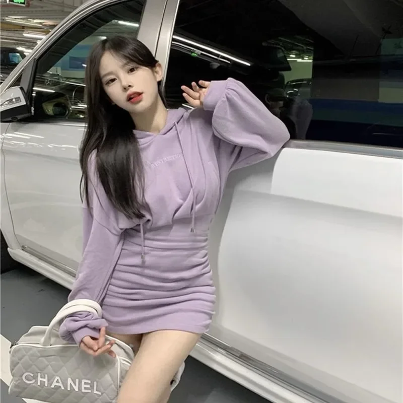 

Korean Fashion Hooded Sweater Wrap Hip Dress Women's Autumn 2023 New Short Dress Purple Waist Long Sleeve Y2K Skirt 후드티