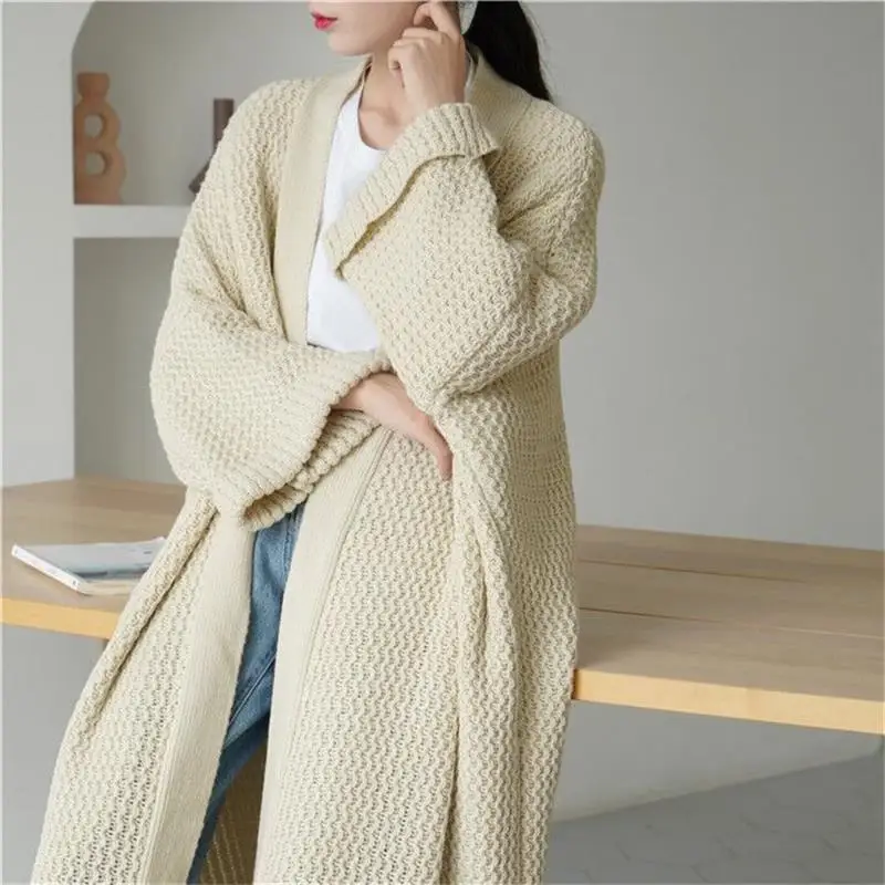 

Long Cardigan Knit Women Loose V Neck Elegant Full Sleeve Spliced Y2k Sweater Coat Solid Open Stitch Autumn Winter 2025