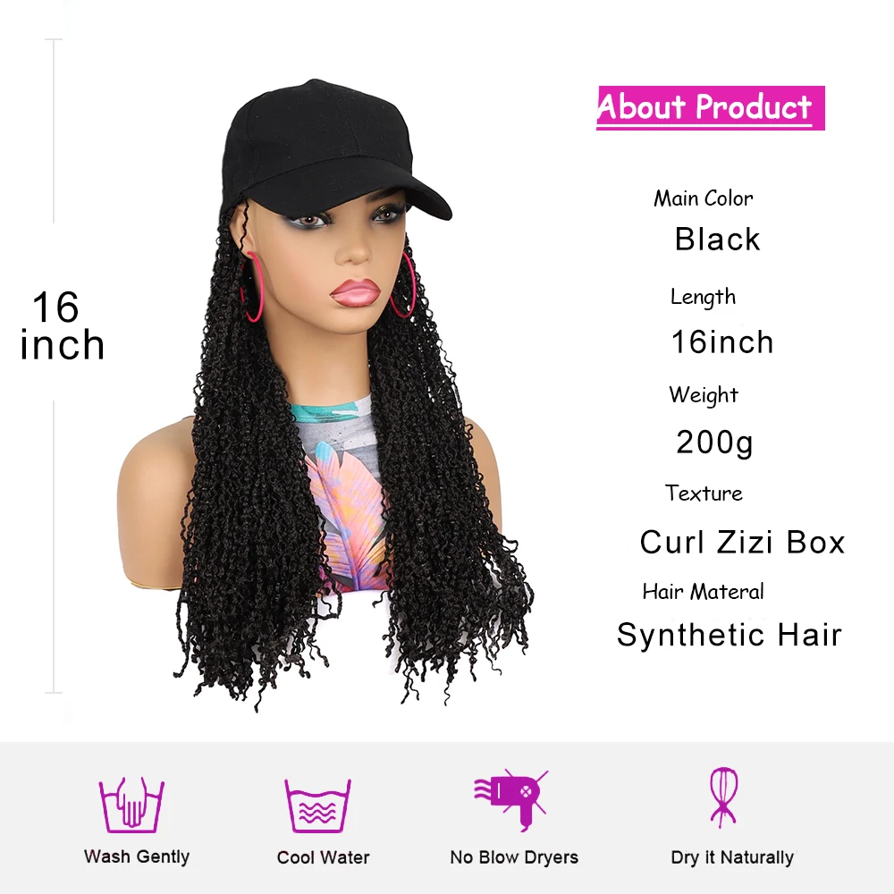 Gorra de Peluca de béisbol con caja Zizi, extensiones de cabello con trenzas, sombrero ajustable de 16 pulgadas con peluca sintética, cabello