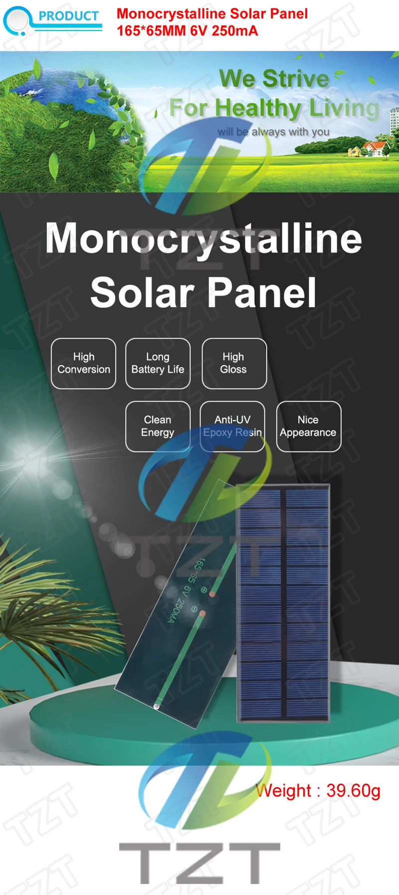 1/2/5 Stück 6V 250mA 1,5W Solarpanel TZT Polykristallin 165*65MM Mini Sunpower Solarsystem DIY für Akku Handy-Ladegerät – Detail 1