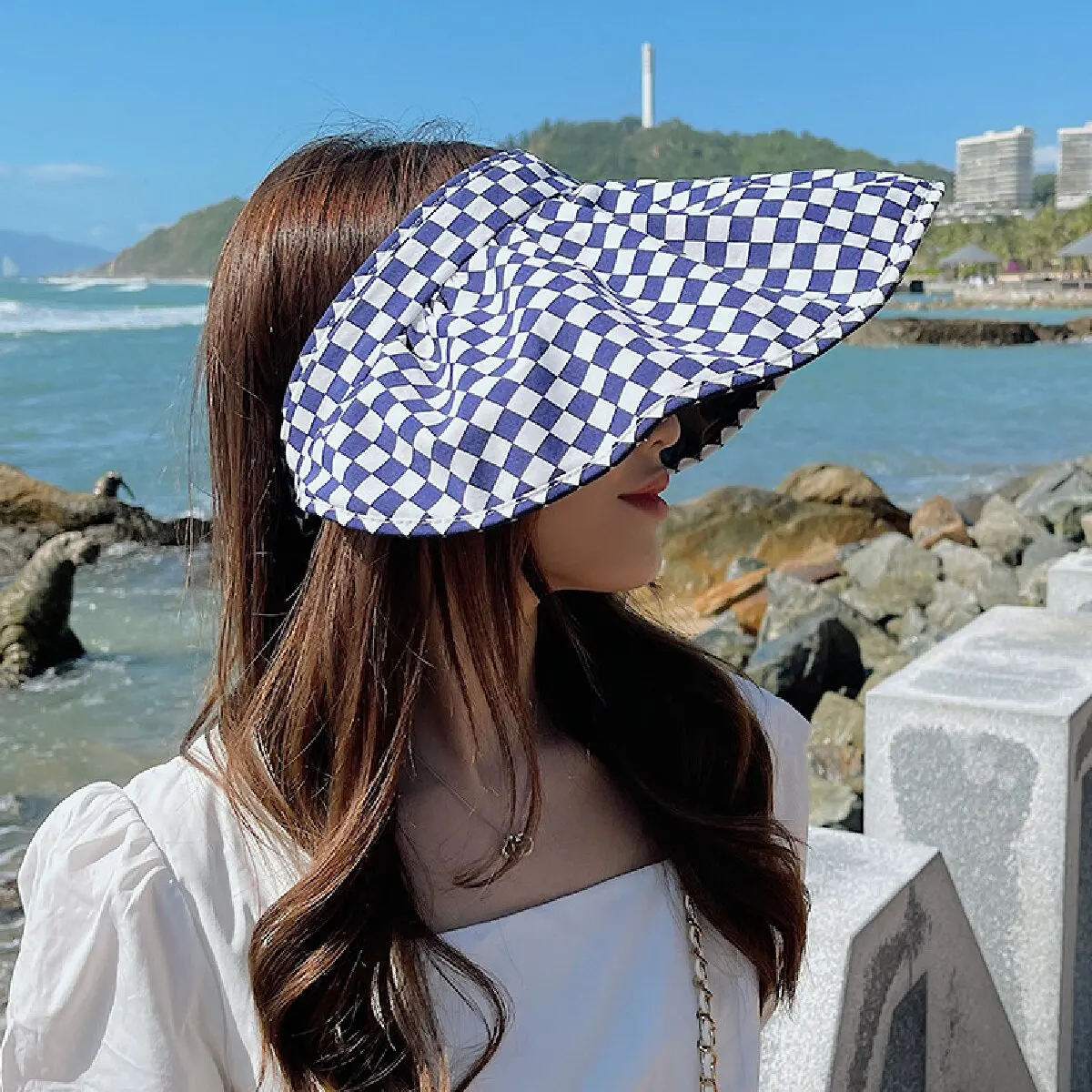 Summer Checkerboard Black Glue Hollow Top Shell Hat Fashion Hair Hoop Sunshade Hat UV Protection Big brim Sun