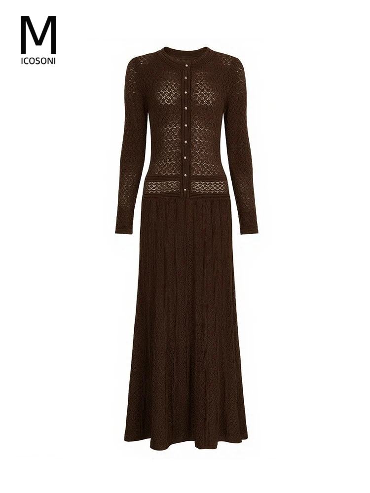 

Micosoni High-Quality Shiny Thread Knitted Dresses Autumn 2025 New Style Single Button Hollow Flower Long Sleeve Maxi Dress