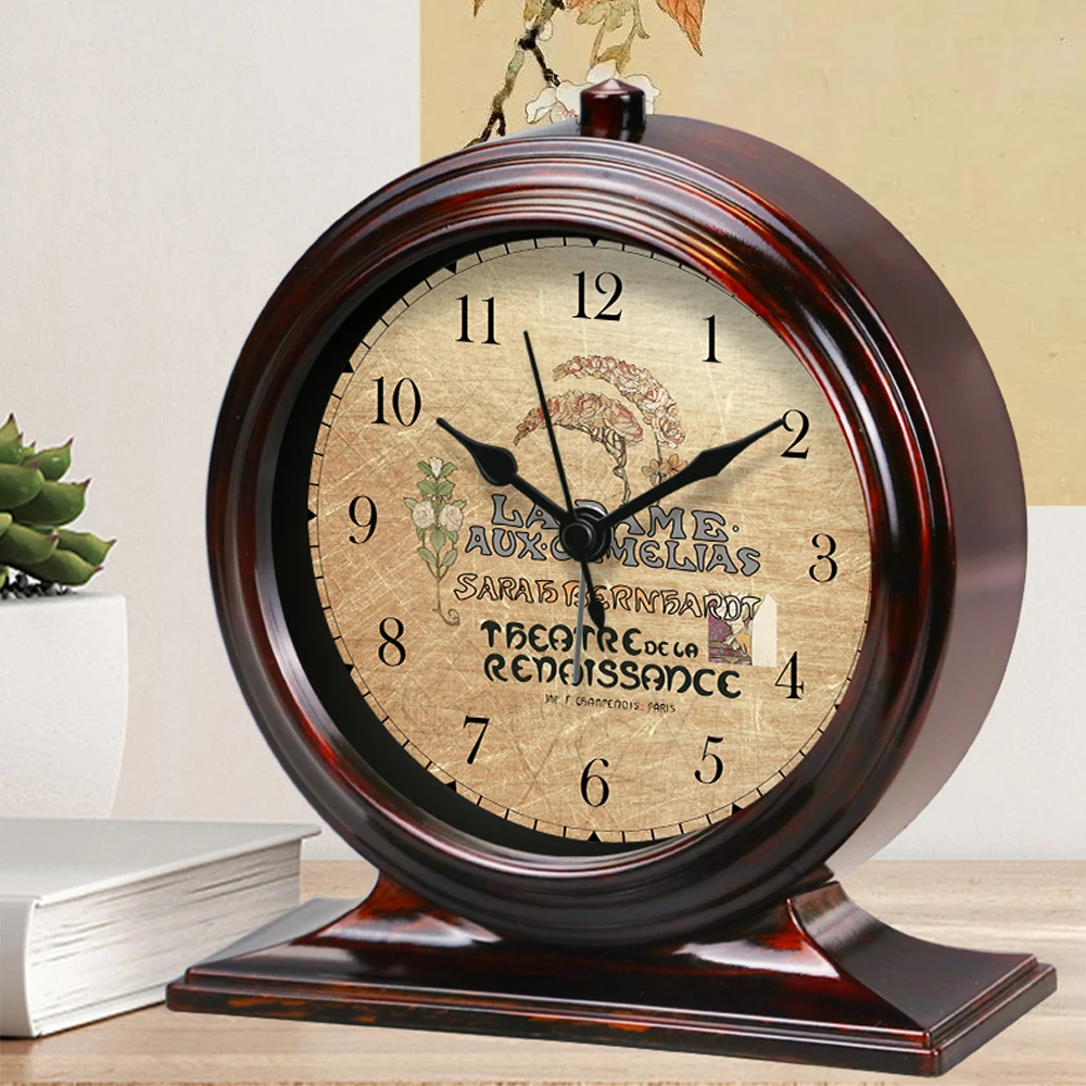 

Classic Retro Table Clock Metal Frame Silent Movement Bedside Alarm Clock Light Luxury Pastoral Style Home Desktop Ornament