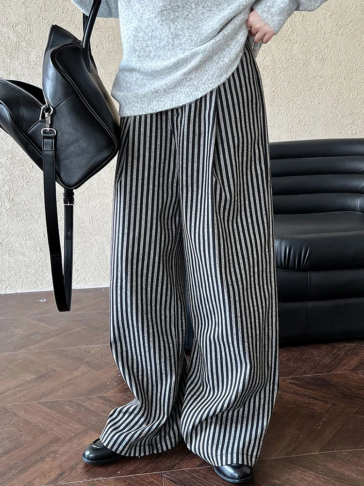 [EAM] High Waist Black Striped Brief Long Wide Leg Casual Pants New Trousers Women Fashion Tide Spring Autumn 2024 1DH7707