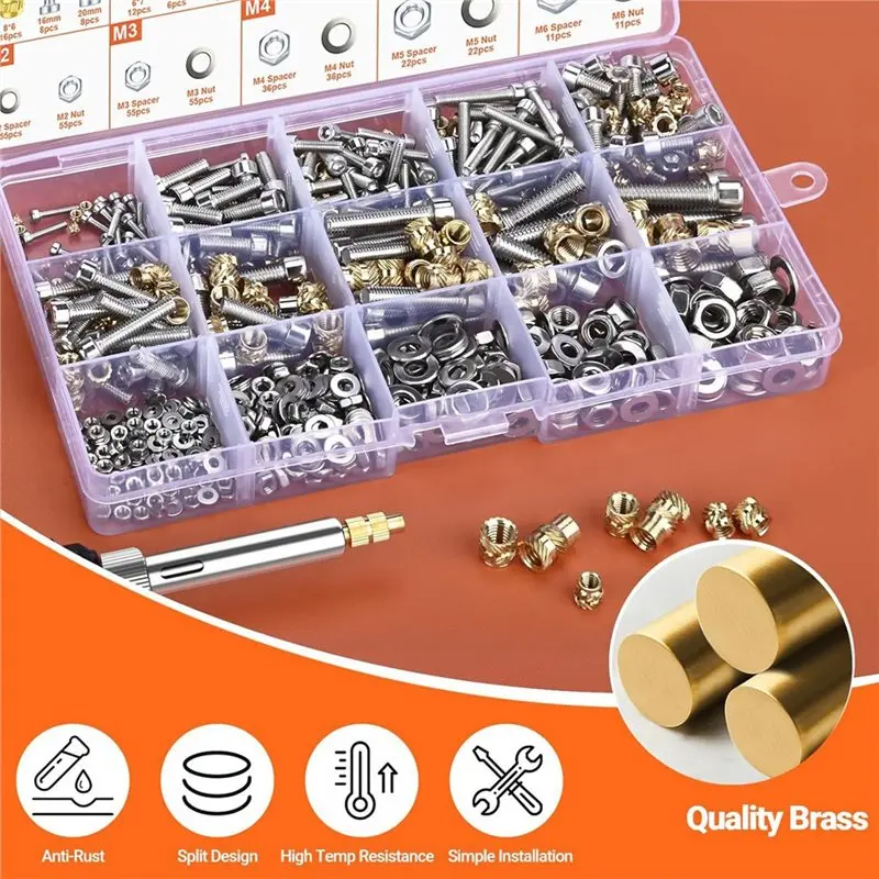 ABWZ-Soldering Tip Set Heat-Set Insert, Includes Screws And Nuts(M2, M3 M4, M5, M6), US Plug Included