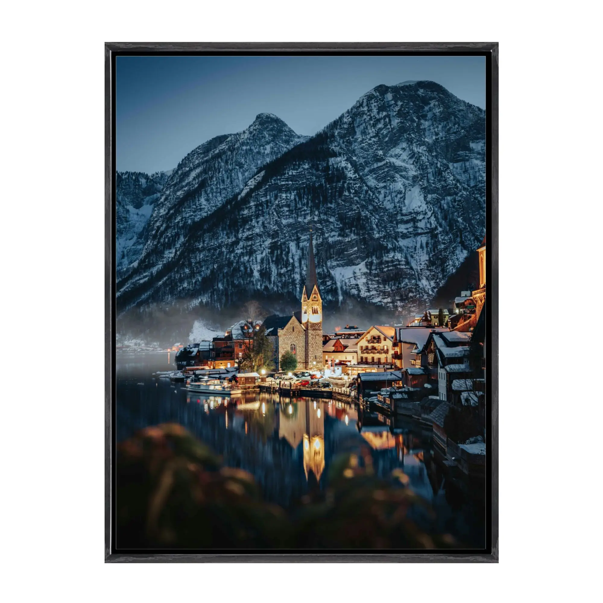 

Озерная деревня, Гальштат, пейзаж, плавающая рамка, печать на холсте, европейский сельский пейзаж, настенное искусство для домашнего декора