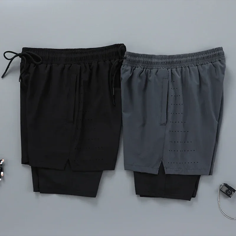 Pantalones de chándal para correr para hombre, pantalones cortos deportivos de entrenamiento de gimnasio, bolsillos con cremallera, pantalones de Fitness dobles informales 2 en 1, jerséis finos de playa