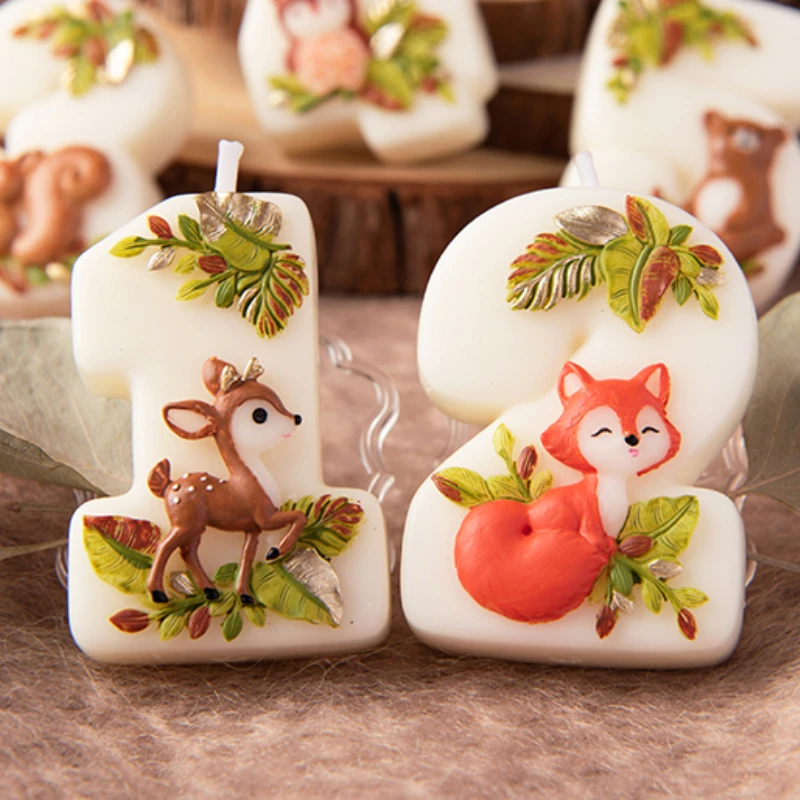 1PC Animal Candles Number 1 2 3 Cake Toppers Birthday Party Decoration Cartoon Deer Squirrel Fox Candle Baby Shower Decor