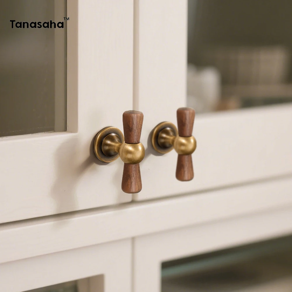 Vintage Walnut Brass Handle Round Knobs Cupboard Handles Light Luxury Drawer Pulls Cabinet Door Knob Furniture Hardware