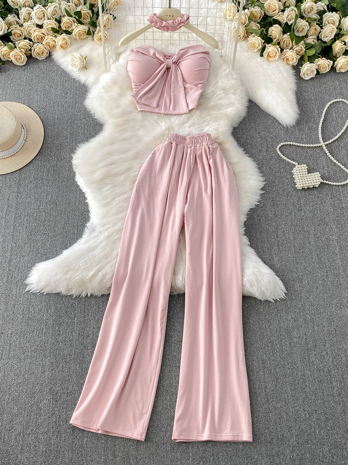 

Slimming High Waist Wide Leg Pants ort Sle Tie Dye Chest Pad Tube Top ter Ne Top And Bot Two Piece Set Pure Desi...