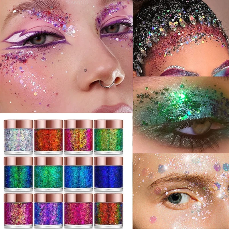 Pailletten-Körper-Glitzer-Gel, langlebiger Glitzer für Körper, Gesicht, Haare, Chamäleon, Lidschatten, Pailletten, Creme, Diamant-Make-up, Party, Festival