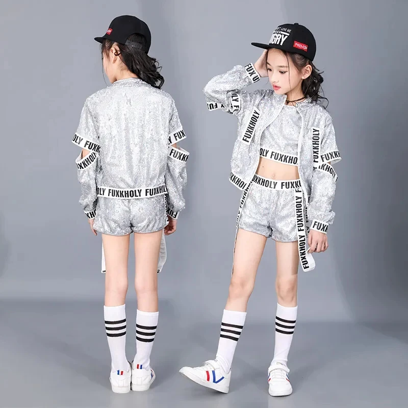 2026 Silver Sparkly children jazz Modern dance Costumes Girls boy Sequins alphabet band hip hop Street stage wear for 5AQBR view 2