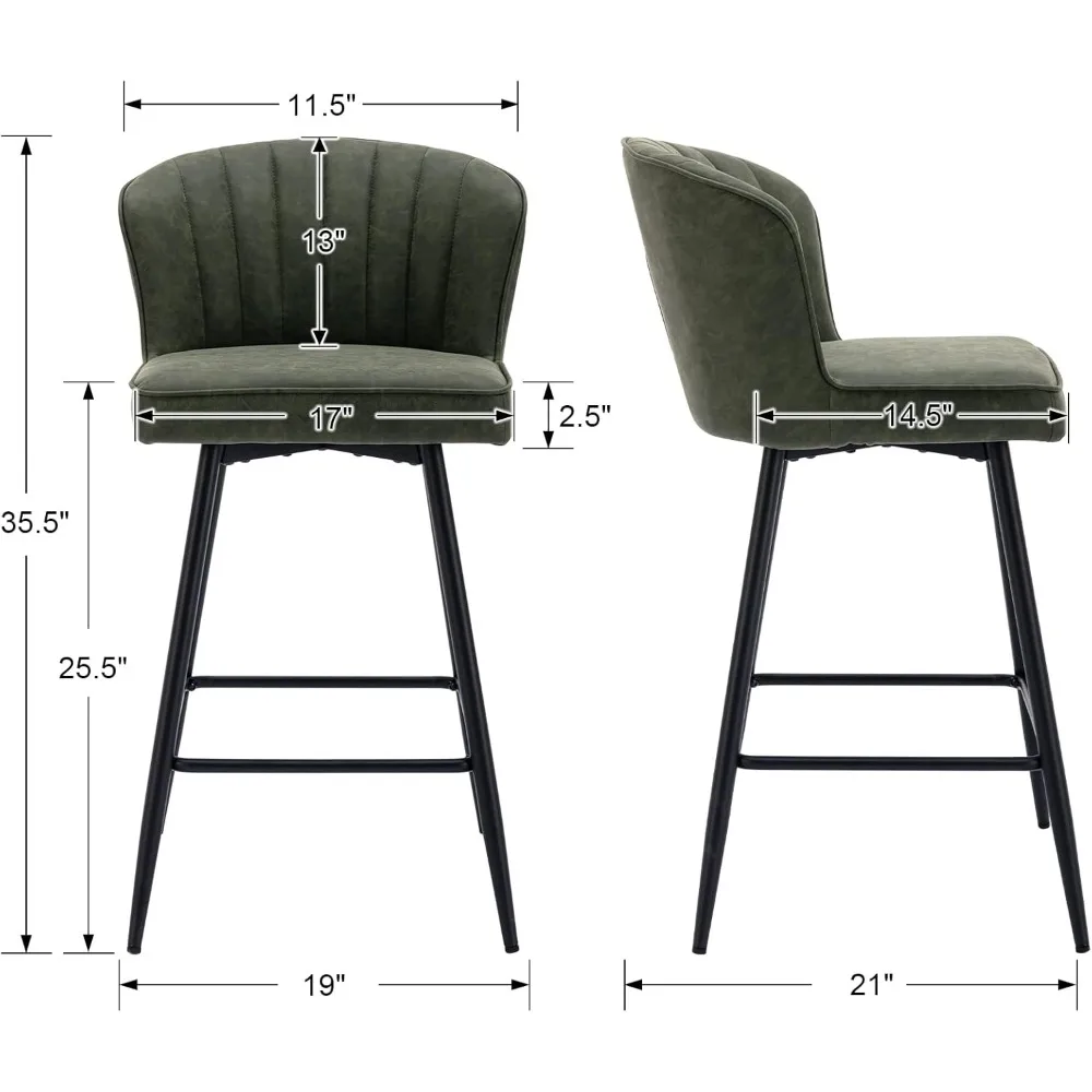 Green Leather Bar Stools Set of 2 Mid Century Modern Counter Stools 26 Inch Counter Height Stool Chairs Upholstered Kitchen Isla