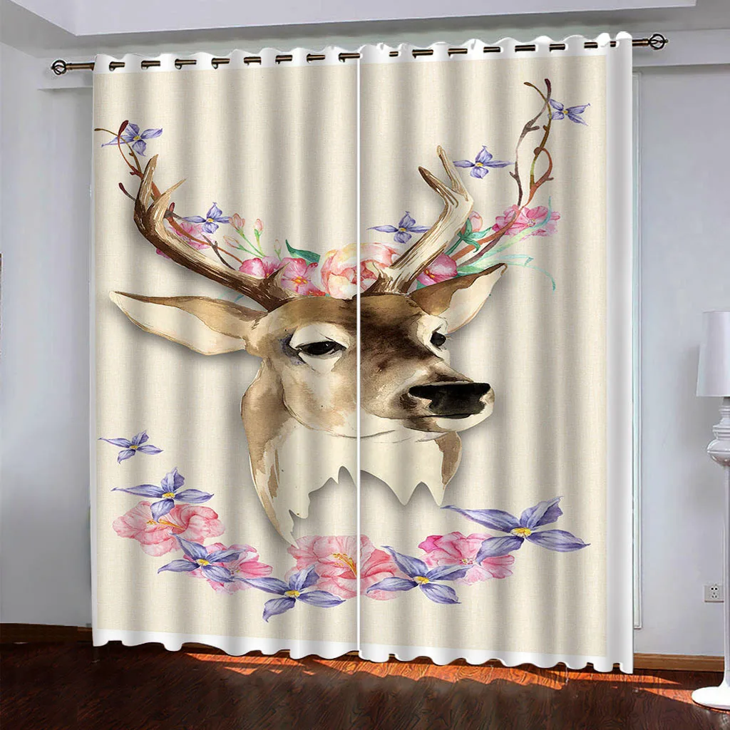 HUANZHUANG Curtains Length 2 Panels Abstract Flower Wreath Elk Printed Curtain, Grommet Light Blocking Curtains, Thermal Insulat