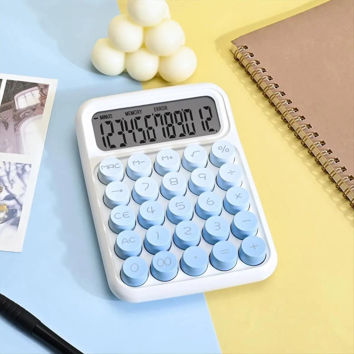 Efficient- Desktop Mechanical Calculator, Cute Big Buttons Calculators with 12 Digits Large LCD Display, Desk Accessories,Blue