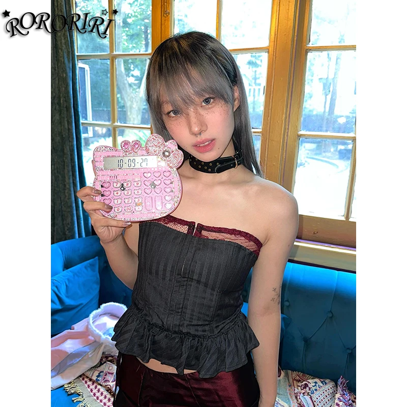 

RORORIRI Hooks & Eyes Ruffle Corset Tube Top Women Lace Stitch Striped Backless Lace-up Sleeveless Vest Steampunk Retro Clothes